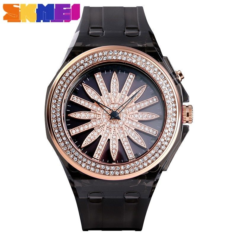 SKMEI Beatiful Quartz Watch Fashion Women Watches Creative Rotating Flower Dial LED Light Transparent Case Strap