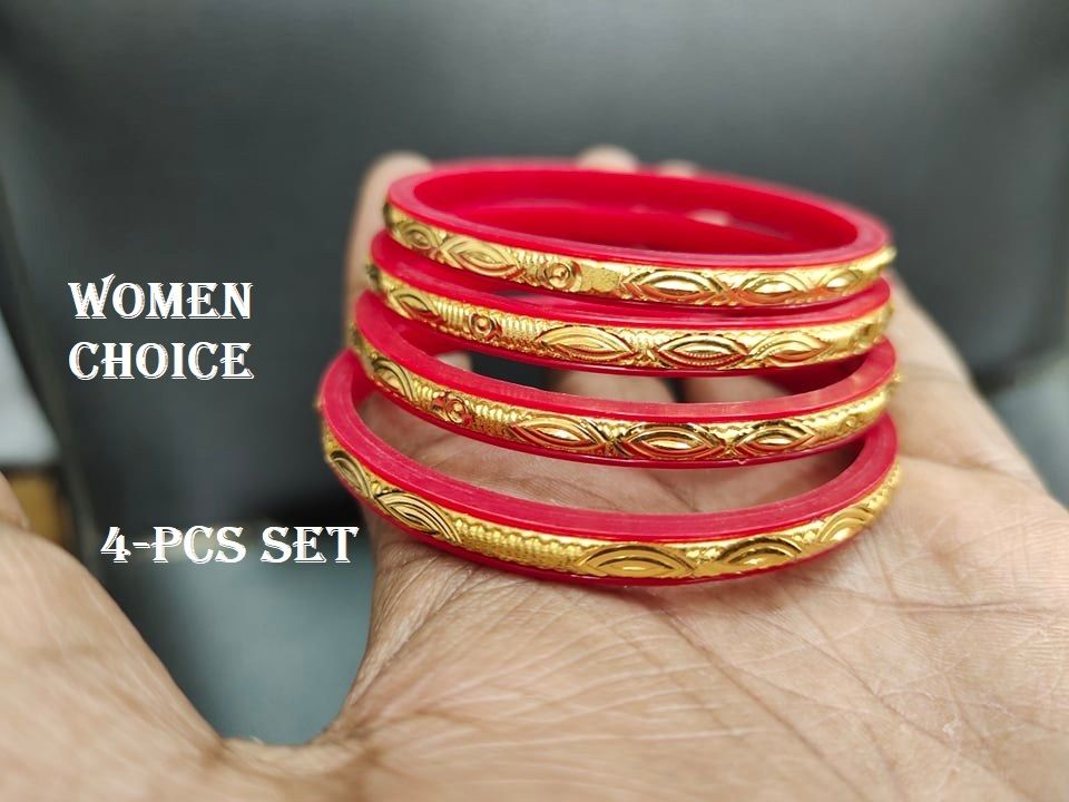 4 Pcs Red Shakha Pola Bangles for Women , Party , Wedding , Anniversary , Durga Puja & All Time Use Shakha Bangles. CD:P00.