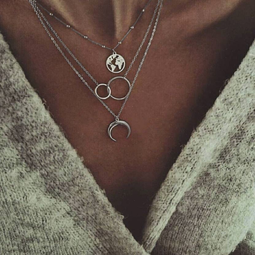 3Pcs/Set Women Fashion Retro Moon World Map Circle Pendant Multilayer Silver Necklace Party Charm Jewelry Christmas