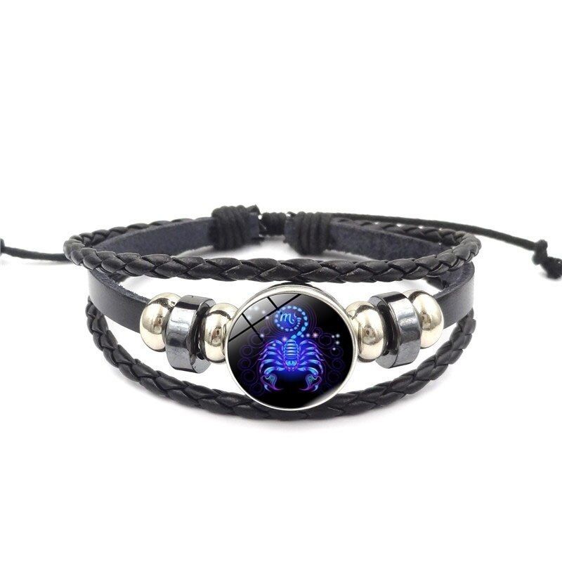 12 Constellation Zodiac Sign Blue Glass Leather Bracelet Aries Aquarius Leo Virgo Woven Glass Dome Jewelry Punk Men Bracelet