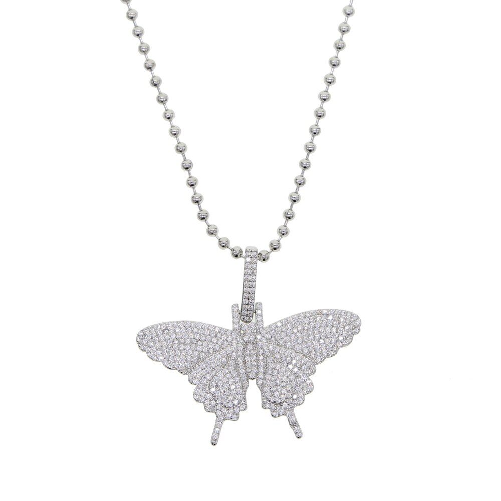 iced out bling butterfly pendant necklace 18inch gold silver plated rose pink pinky women jewelry