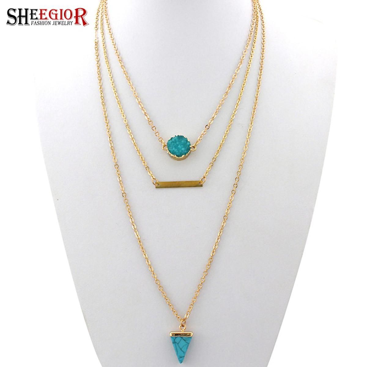 SHEEGIOR Bohemian Gold Chains Multilayer Choker Necklace Women Triangle Turquoises Pendants Long Necklaces Jewelry Gifts(null)