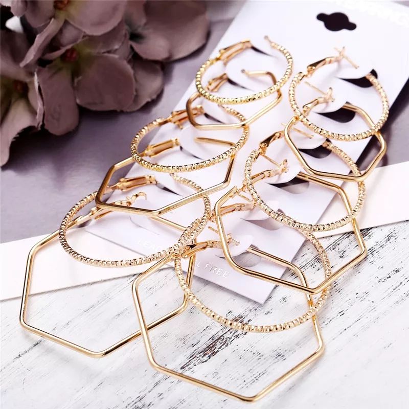 Golden Color Big Exaggerate Rock Hoop Earring 6 pairs / Set For Women