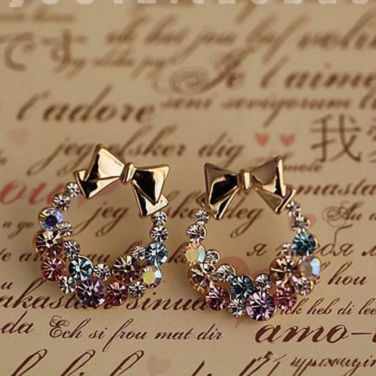 Cute Crystal Rinestone Alloy Charming Bowknot Studs Earrings Women