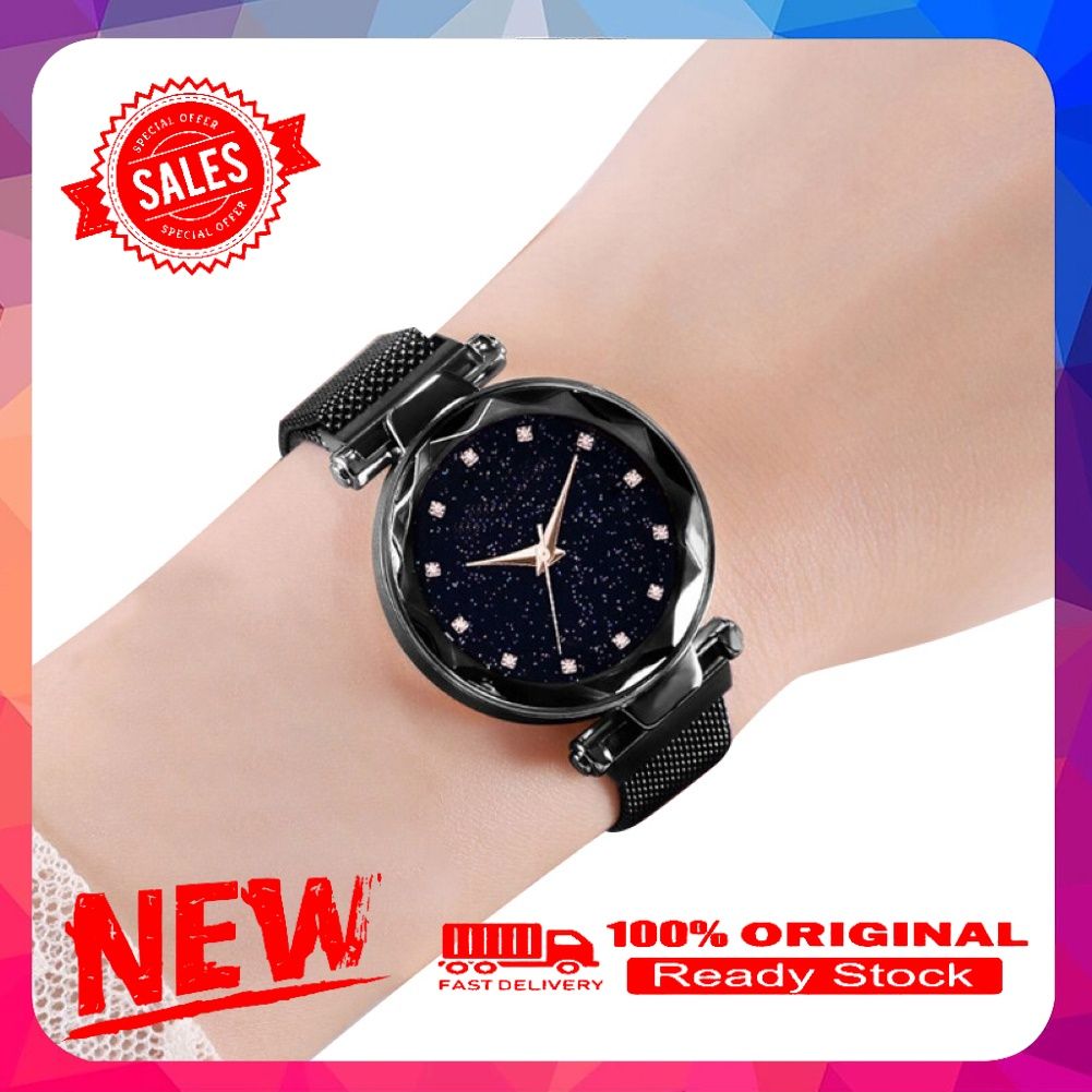 Women Rhinestone Starry Dial Magnetic Stainless Steel Strap Analog Quartz Watch