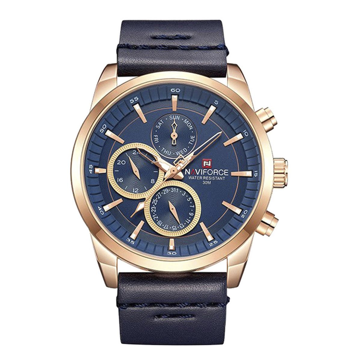 NAVIFORCE NF9148 Navy Blue PU Leather Chronograph Watch For Men - RoseGold & Navy Blue