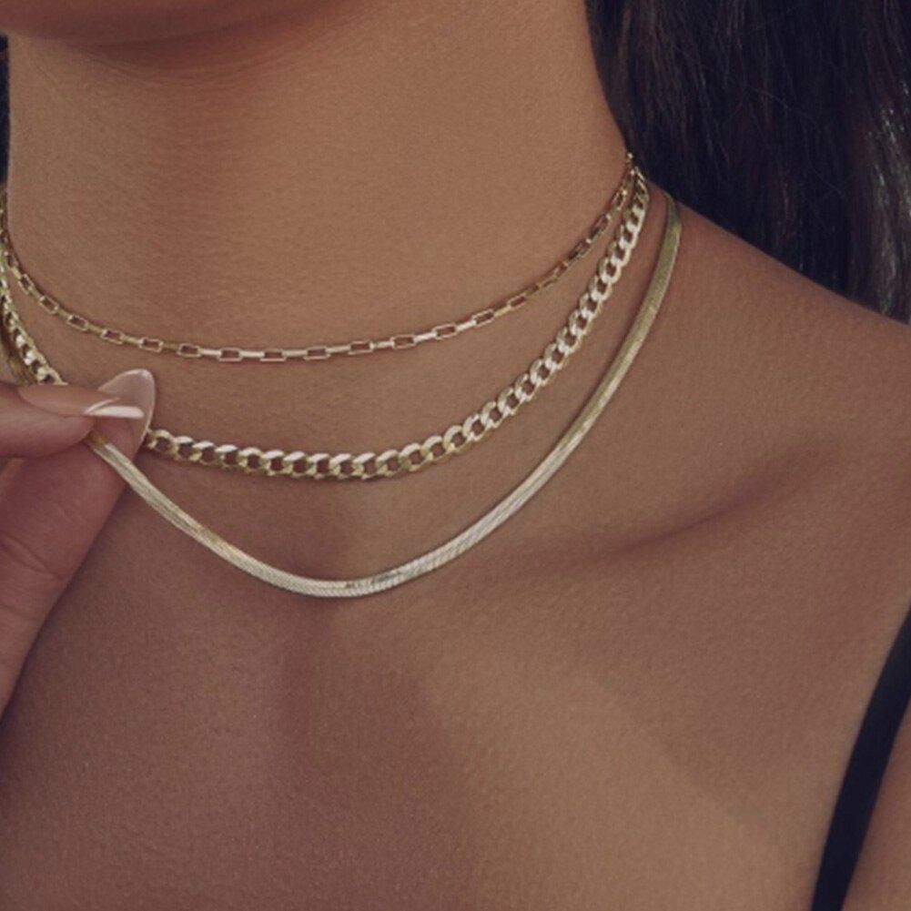 JUST FEEL Gold Color Flat Snake Link Chain Choker Necklace for Women Vintage Minimalist Simple Metal Necklace Jewelry Party Gift