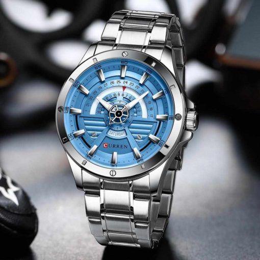 CURREN 8381 Watch Luxury Quartz Watches for Men Casual Stainless Steel Auto Date Wristwatch Fashion-SILVER & SKY - Watch