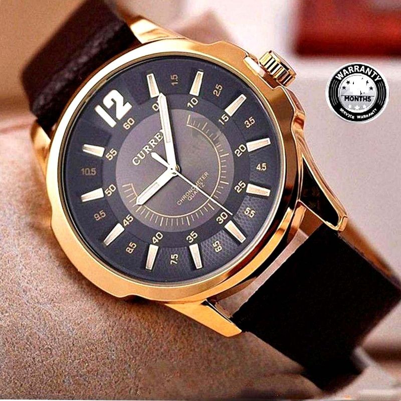 Leather Analog Watch For Men- Golden