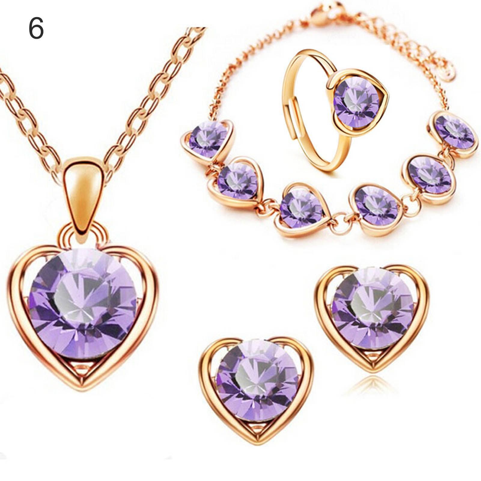 4Pcs/Set Shiny Elegant Necklace Earrings Bracelet Ring Adjustable Women Rhinestone Heart Pendant Necklace Set Jewelry Accessory