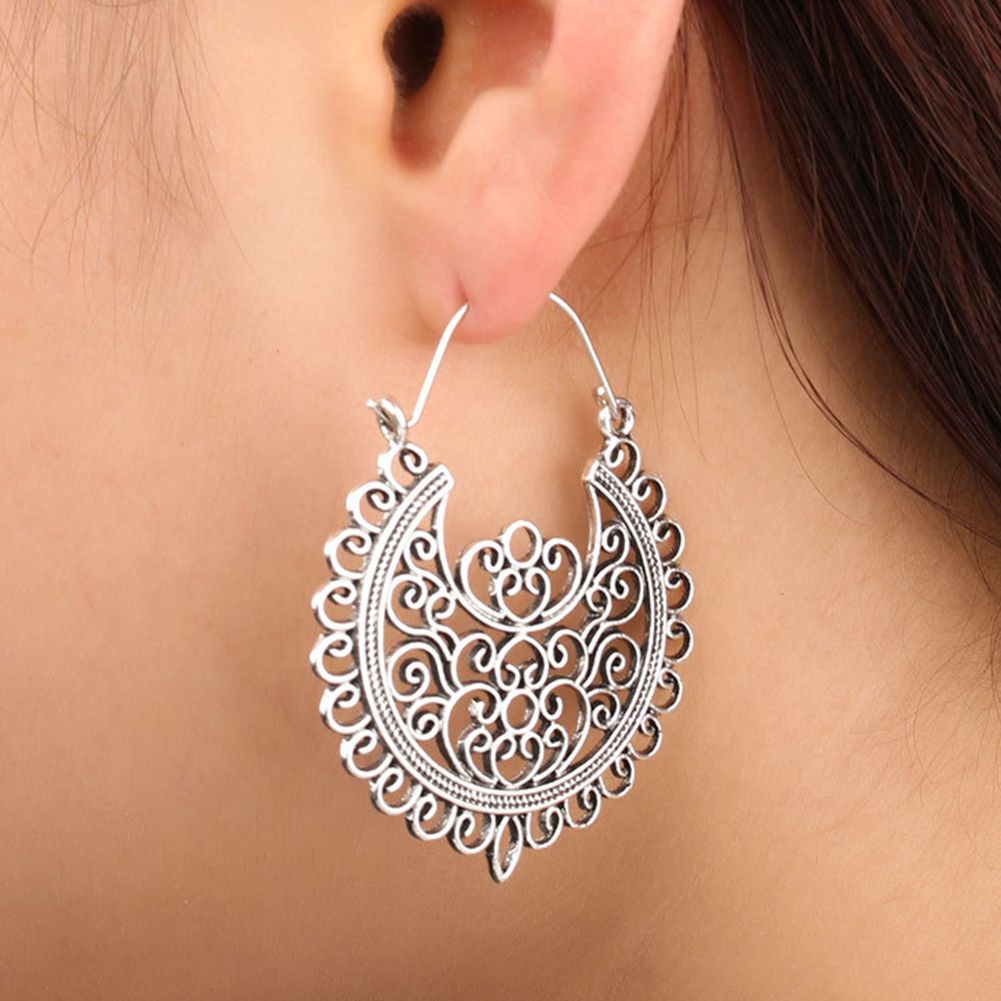 Yfashion Women Retro Bohemia Carved Flower Hollowed Drop Hanging Earrings Fashion Jewelry ift