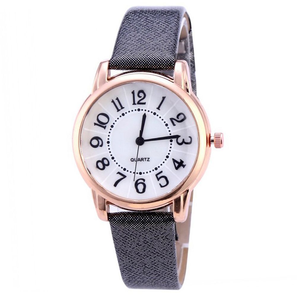 Women Simple Round Dial Arabic Number Faux Leather Strap Analog Quartz Watch