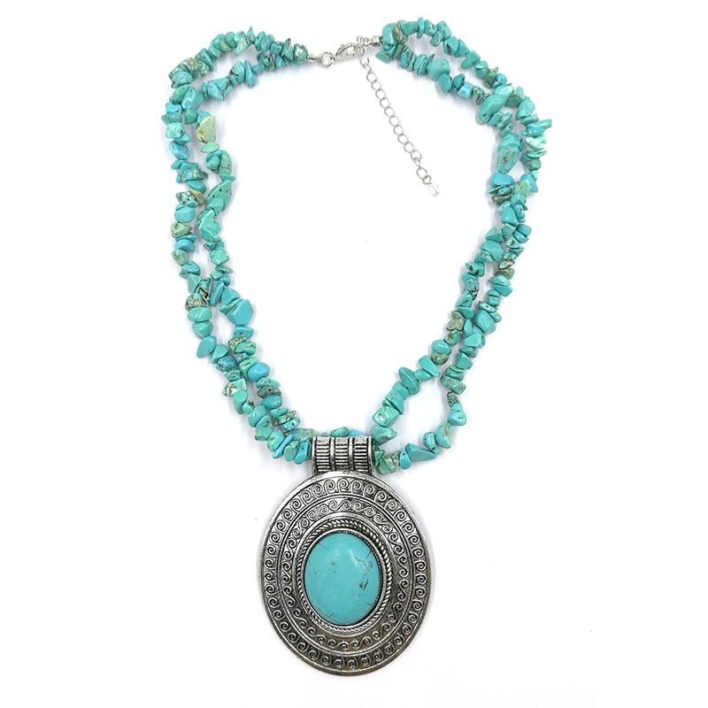 Oval Pendant Natural Turquoises Necklace For Women Vintage Antique Unique Design Fashion