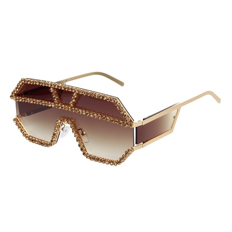 brown47165 Fashion Rhinestone Oversized One Lens Rhinestone Sunglasses Men Women Crystal Geometric Patterns Sun Glasses UV400