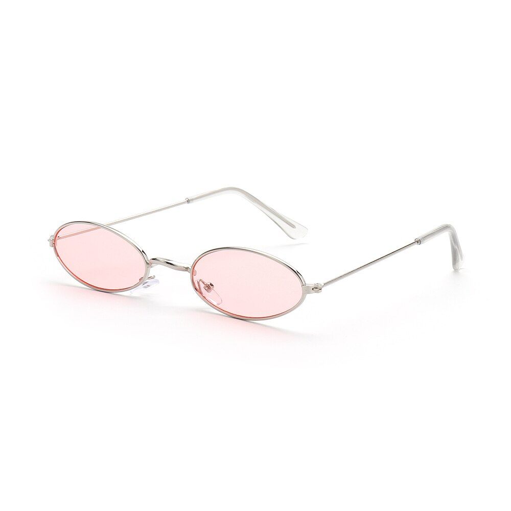 Silver PinkRetro Small Oval Sunglasses For Women Vintage Brand Shades Black Red Metal Color Sun Glasses Female Fashion Designer Sunglasses