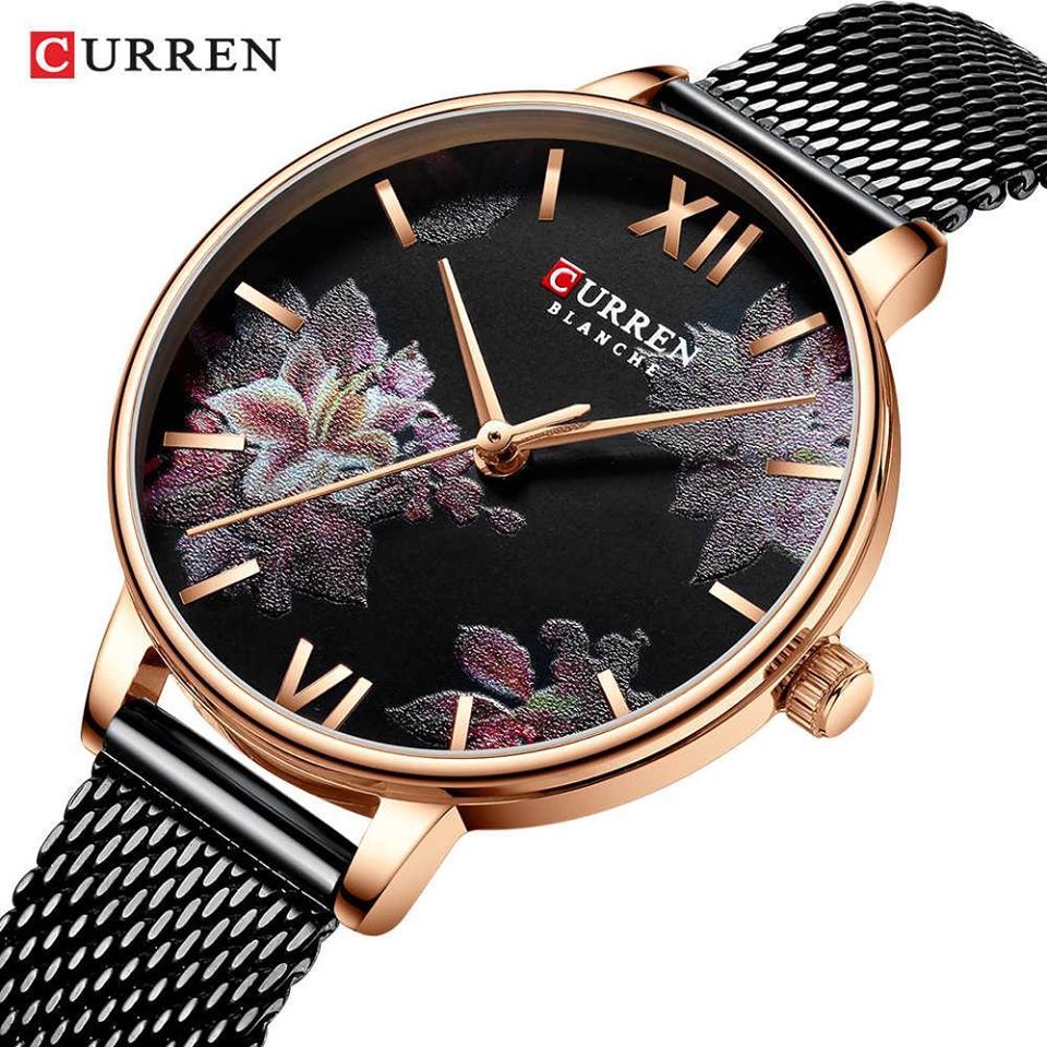 C-urren Simple Elegant Floral Design Stainless Steel Band Women Watches, 9060