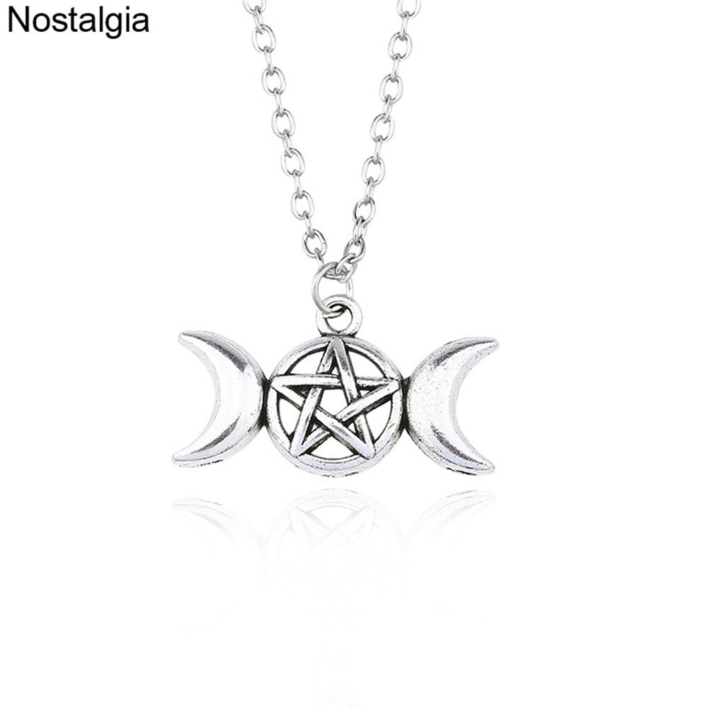 Triple Moon Goddess Wicca Crescent Moon Necklace Wiccan Pentagram Pentacle Pendant Jewellery