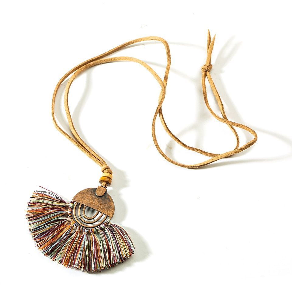 Women Charm Vintage Bohemian Ethnic Tassel Pendant Necklace Choker Long Leather Sweater Rope Chain Clothing Jewelry Accessories