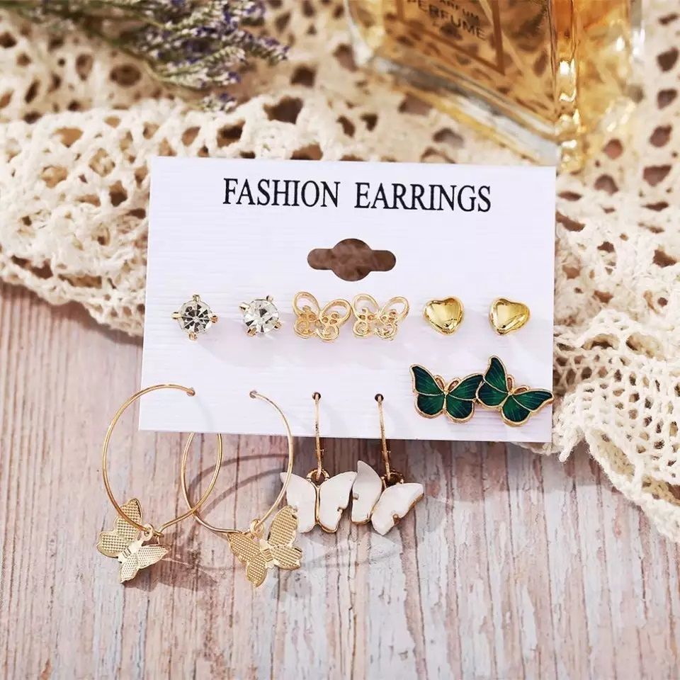 Trendy Korean Butterfly Stud Earrings for Girls Simple Stylish / 6 Pairs = 12 Pcs Earrings Set for Women New Collection - Earring for Women/ Earrings for Girls Simple