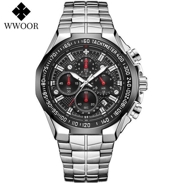 OIMG Wwoor Military Big Watches For Men Full Black Quartz Watch Stainless Steel Waterproof Wrist Watch
