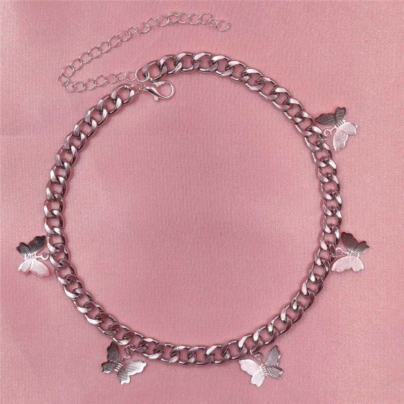 Punk Silver Color Chain Choker Necklace for Women Cute Purple Butterfly Pendant Statement Women Fashion Jewelry