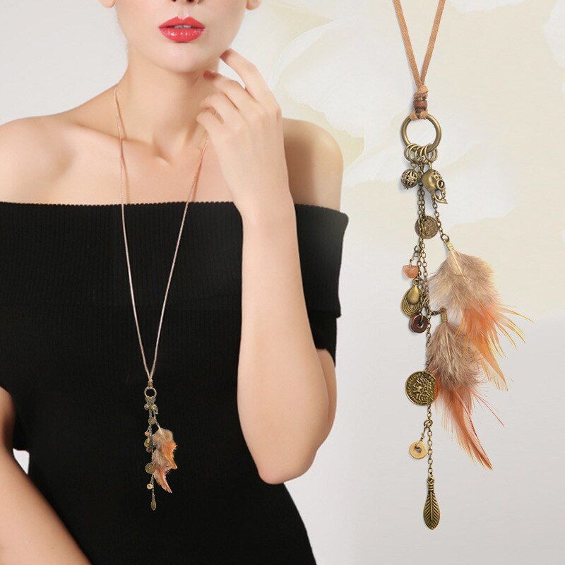 Ethnic Punk Feather Necklace for Women Vintage Dream Catcher Long Pendant Sweater Chain Bohemia Fashion Weding Party Jewelry