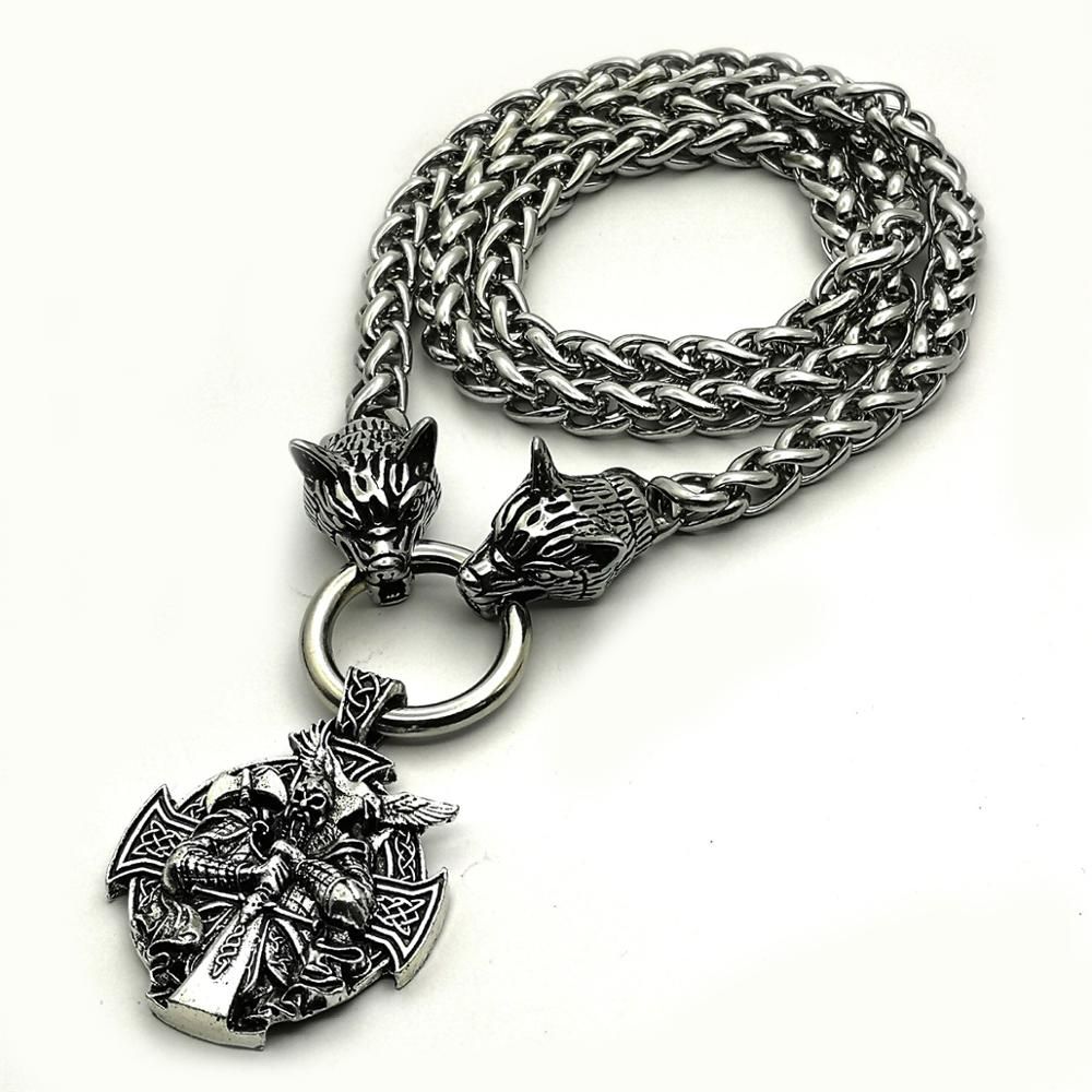 Viking Odin Warrior Raven Pendant Necklace Stainless Steel Wolf Head Chain Domineering Men Necklace Jewelry
