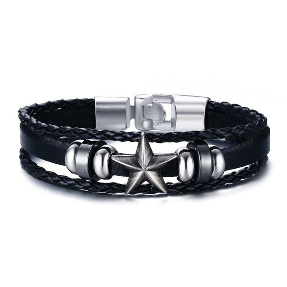Men's Punk Star Alloy Charm Multilayer Braided Faux Leather Brelet Jewelry