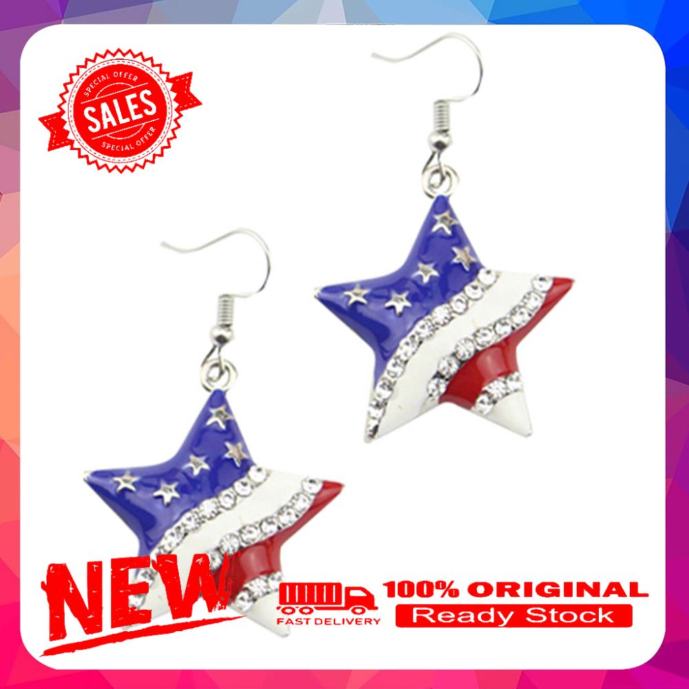 Chic American Flag Heart Star Shaped Rhinestone Ear Hook Earrings Women Jewelry