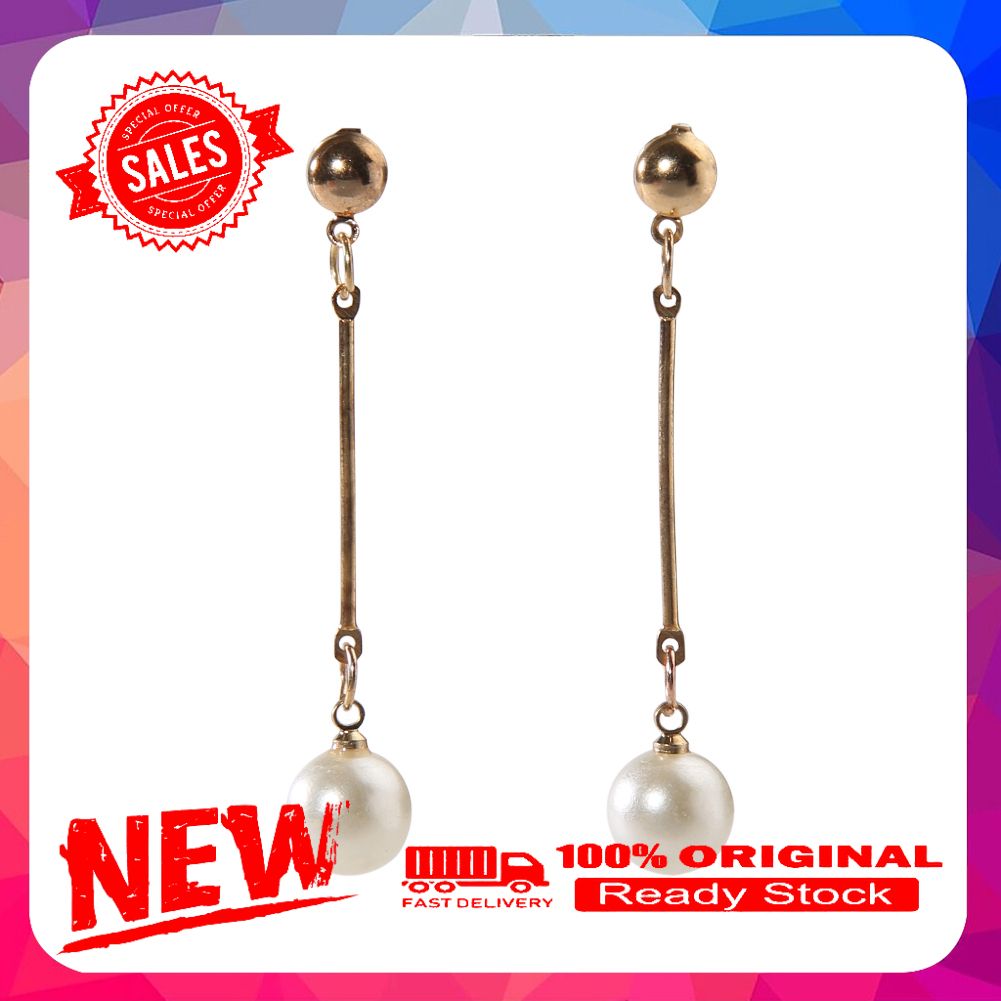 1Pair Women's Fashion Elegant Gold Plated Long Bar Faux Pearl Drop Earrings
