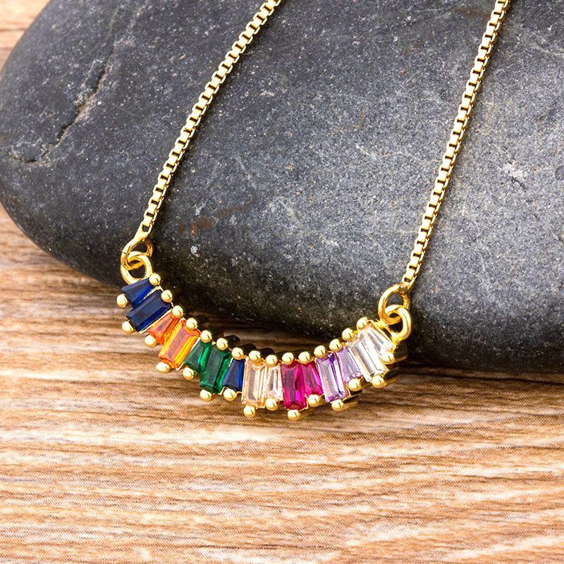 Nidin Shiny Princess Colorful Cubic Zirconia Pendant Copper CZ Rainbow Chain Necklaces for Women Best Wedding Party Jewelry(null)