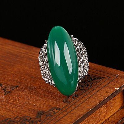 KCALOE Antique Silver Color Green Stones Ring Red Onyx Yellow Natural Stone Rings Black Rhinestone Vintage Jewelry