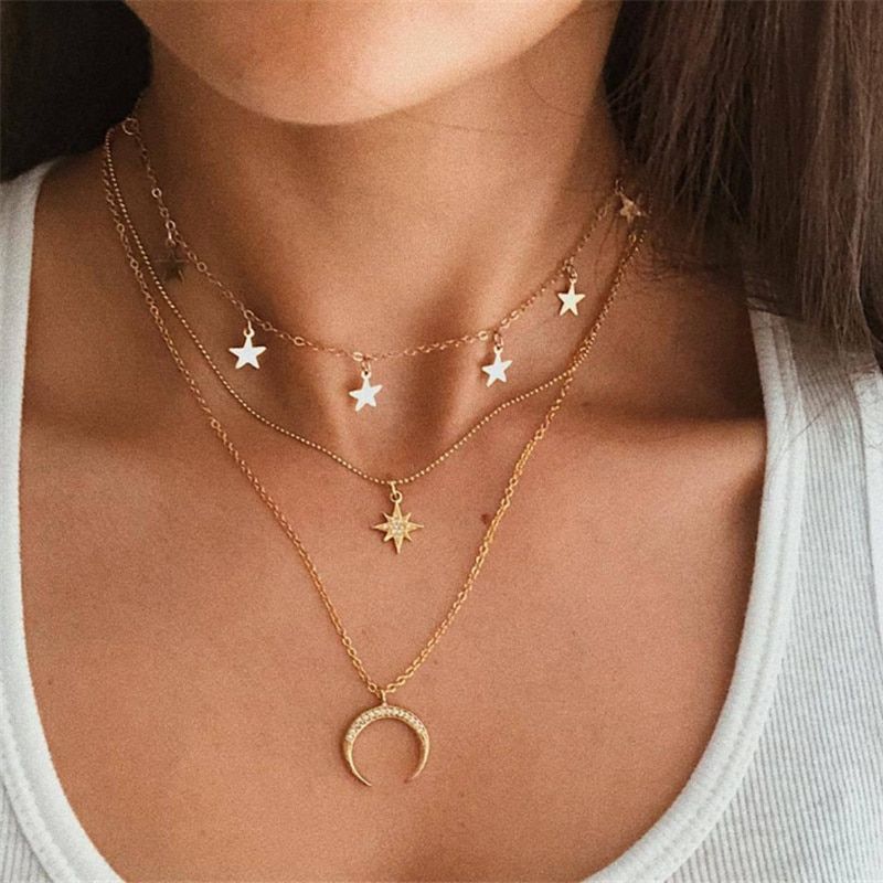 IF ME Fashion Multilayer Star Butterfly Map Chain Necklaces for Women Moon Pearl Necklace Letter Pendant Necklace Jewelry New