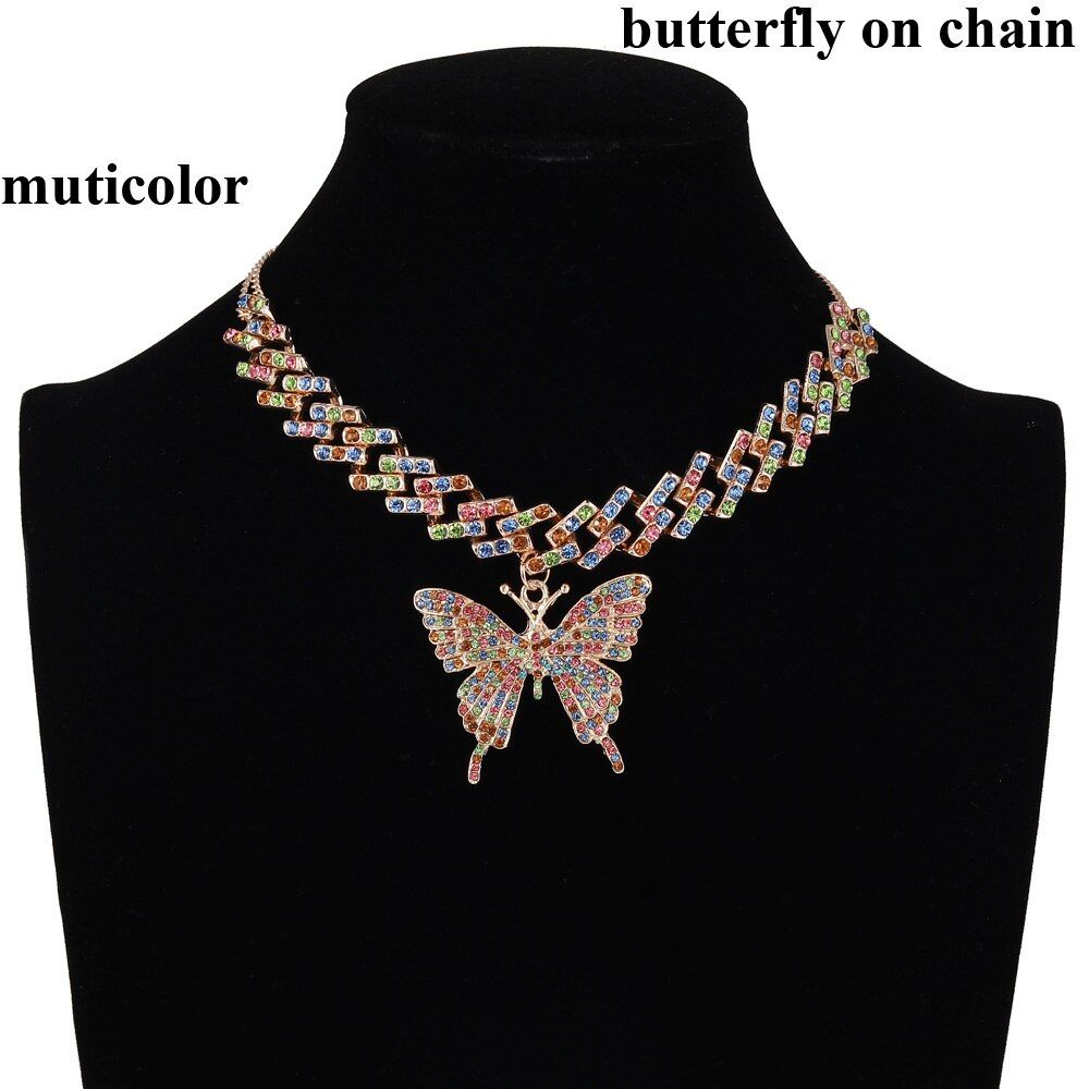 Glam Butterfly Necklace Set Cuban Link Chain Rhinestone Choker Necklace for Women Bling Statement Jewelry