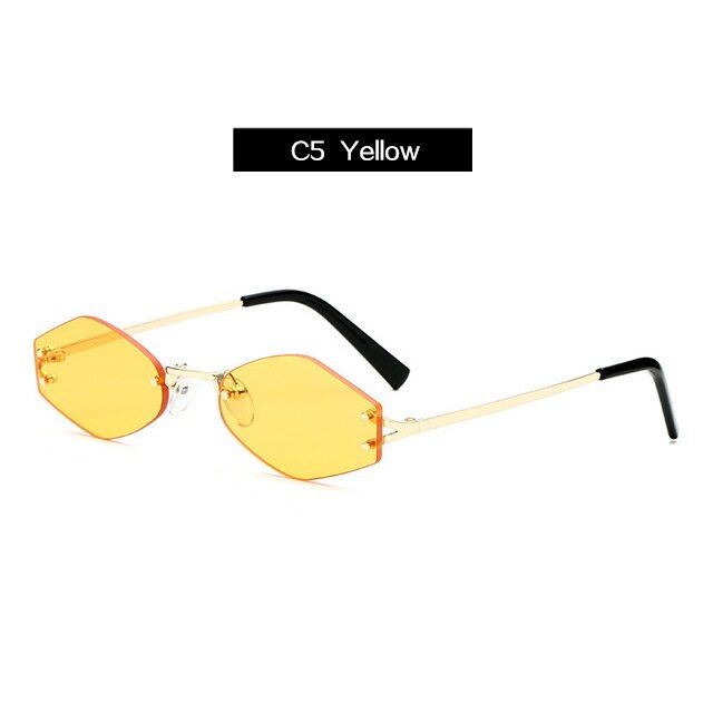 Yellow as pictureYOOSKE Small Hexagon Sunglasses Women Brand Designer Vintage Cat eye Sun Glasses Retro Rimless Red Black Eyewear Ladies Glasses