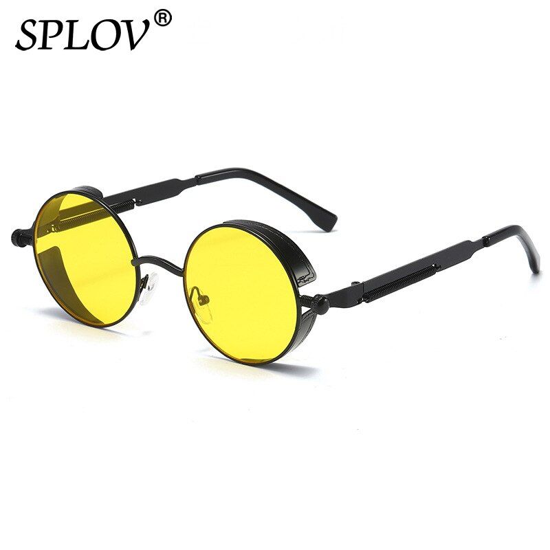 Black YellowSPLOV Retro Round Steam Punk Sunglasses Men Women Brand Designer Small Circle Sun Glasses Vintage Metal Frame Driving Eyewear