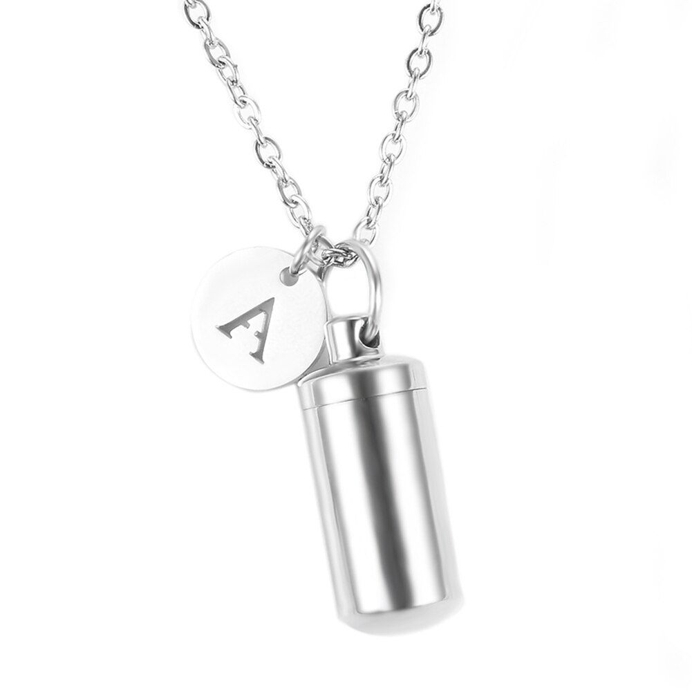 Stainless Steel Cremation Urn Ashes Cylinder Vial Pendant Necklace  Letter Initial Charm Memorial Jewelry