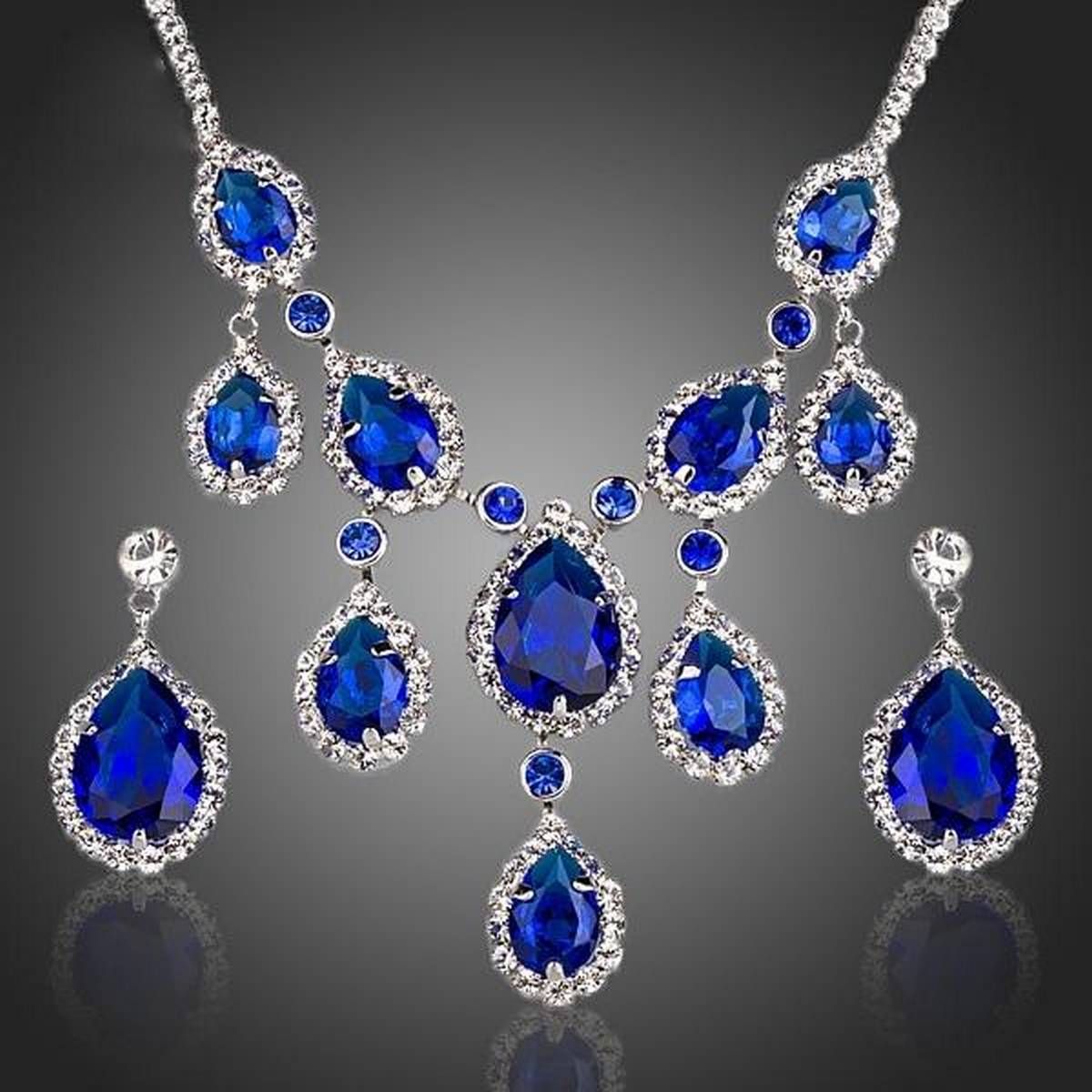Noble Blue Cubic Zirconia Water Drop Pendant Necklace and Earrings Jewelry Sets