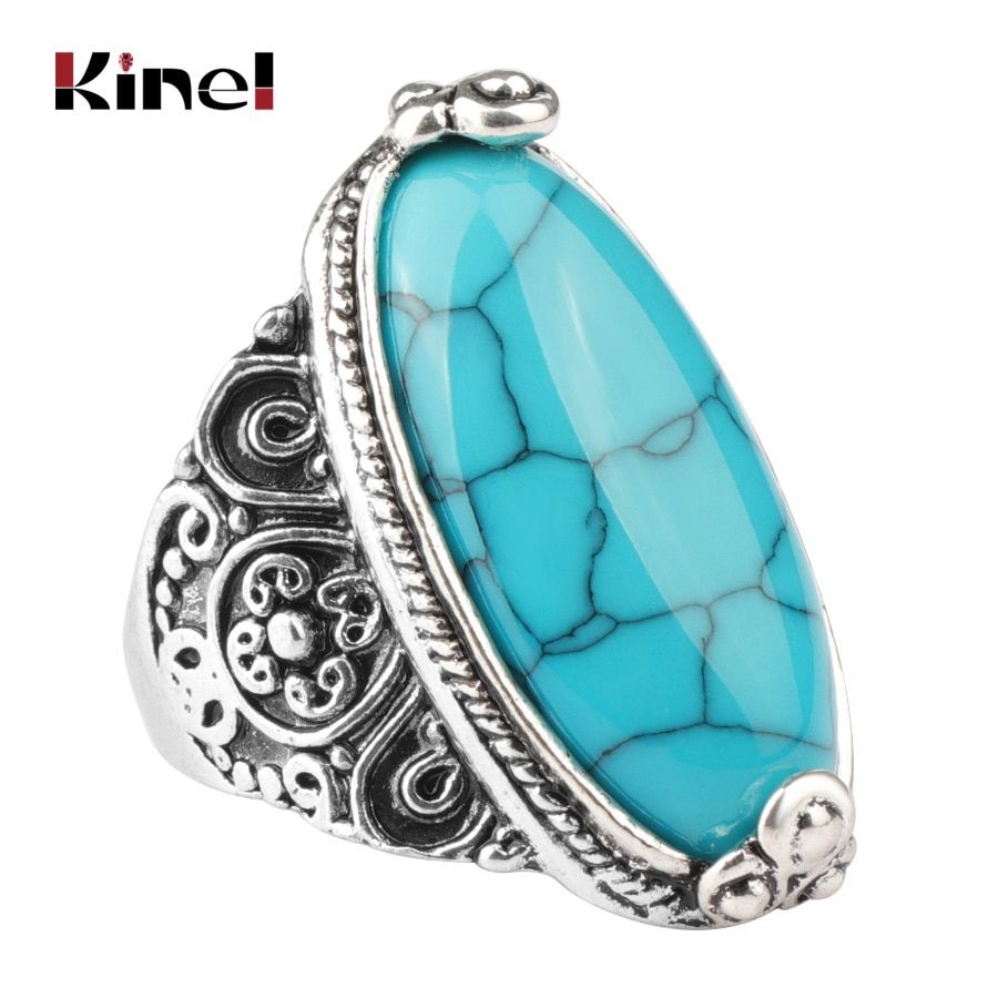 Kinel Flower Band Oval Natural Stone Rings For Women Vintage Look Antique Tibetan Silver 5 Colors Fashion Retro Jewelry