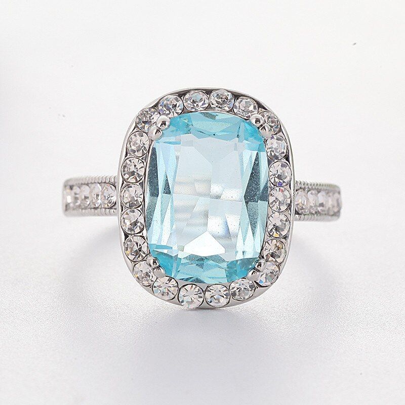 Large Square Sky Blue Zircon Rings for Women Crystal Geometric Ring Fashion Jewelry Bague Bijoux Femme Z3H886