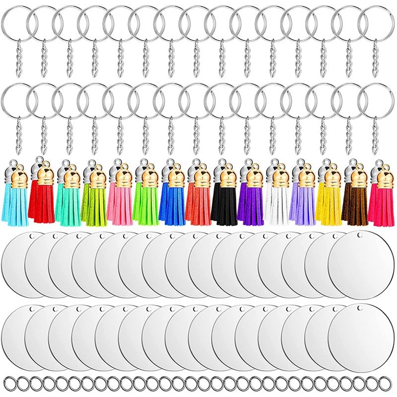 BRADOO- 120 Pieces of Acrylic Keychain Blank Craft Tassel Keychain,Bulk Keychain Ring,Acrylic Keychain Blank Ring, Keychain Kit