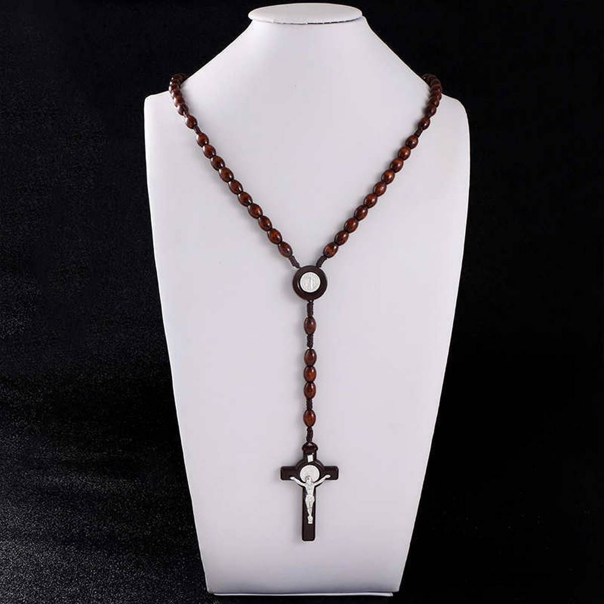 KOMi Resin Wooden Bead Cord Rosary Necklace St Benedict Medal Jesus Cross Pendant Necklace Catholic Religious jewelry R-172