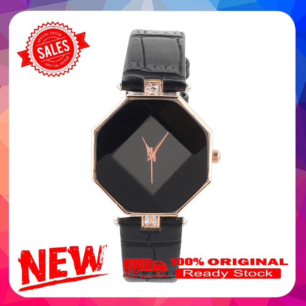Lady's Rhombic Rhinestone Fine Faux Leather Strap Analog Quartz Wrist Watch Gift