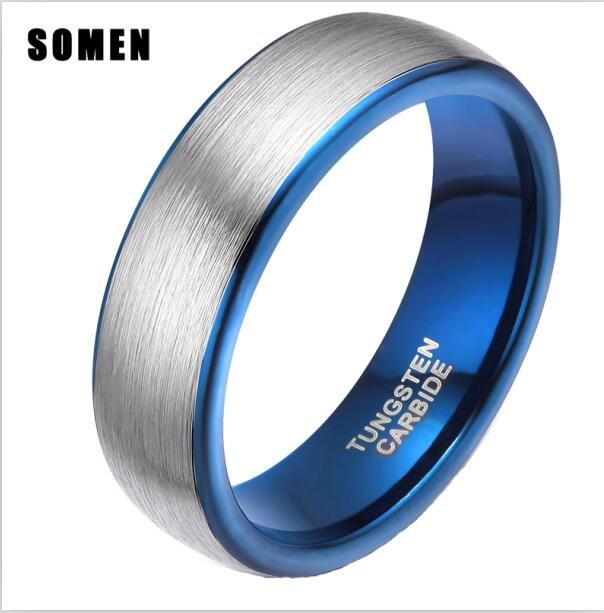 Somen Ring Men 6mm Tungsten Ring Blue Inlay Brushed Wedding Band Engagement Rings Simple Design Fashion Jewelry Anel Masculino