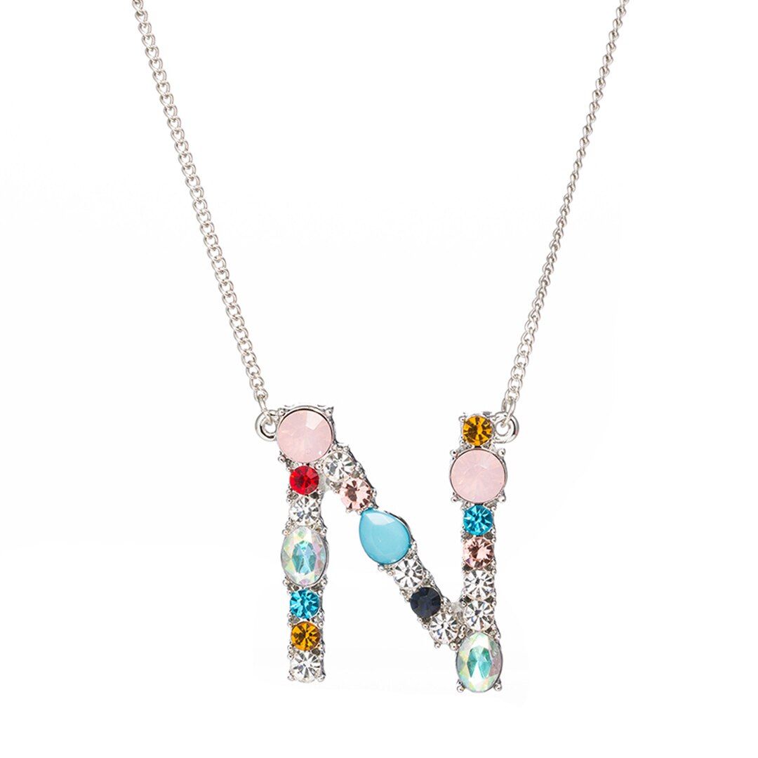 Multicolor CZ Charm Necklace Fashion 26 Alphabet Initial A-Z Letter Pendant Necklace Colorful Crystal Lady Chain Necklace Gift