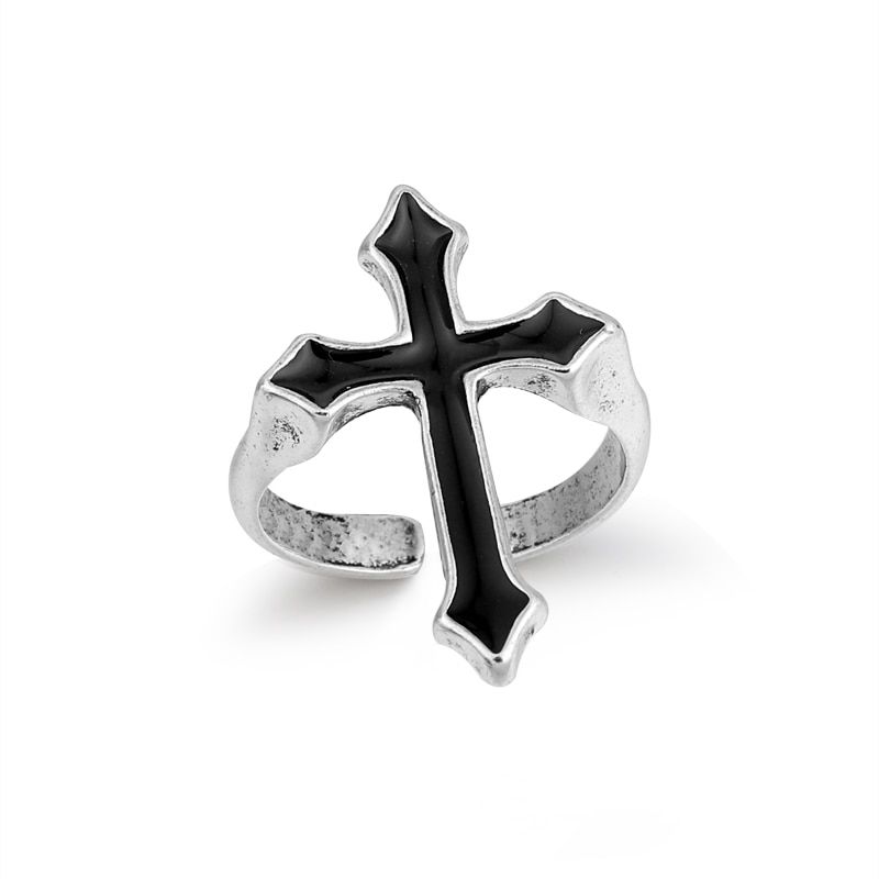GEOMEE 1PC Vintage Black Big Cross Open Ring for women Party Jewelry Men Trendy Gothic Metal Color Finger Ring Anillo R58-1(null)