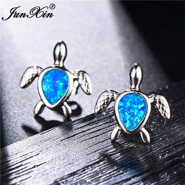 2019 Boho Female Small Sea Turtle Stud Earrings Silver Color Animal Jewelry Blue White Fire Opal Stone Earrings For Women