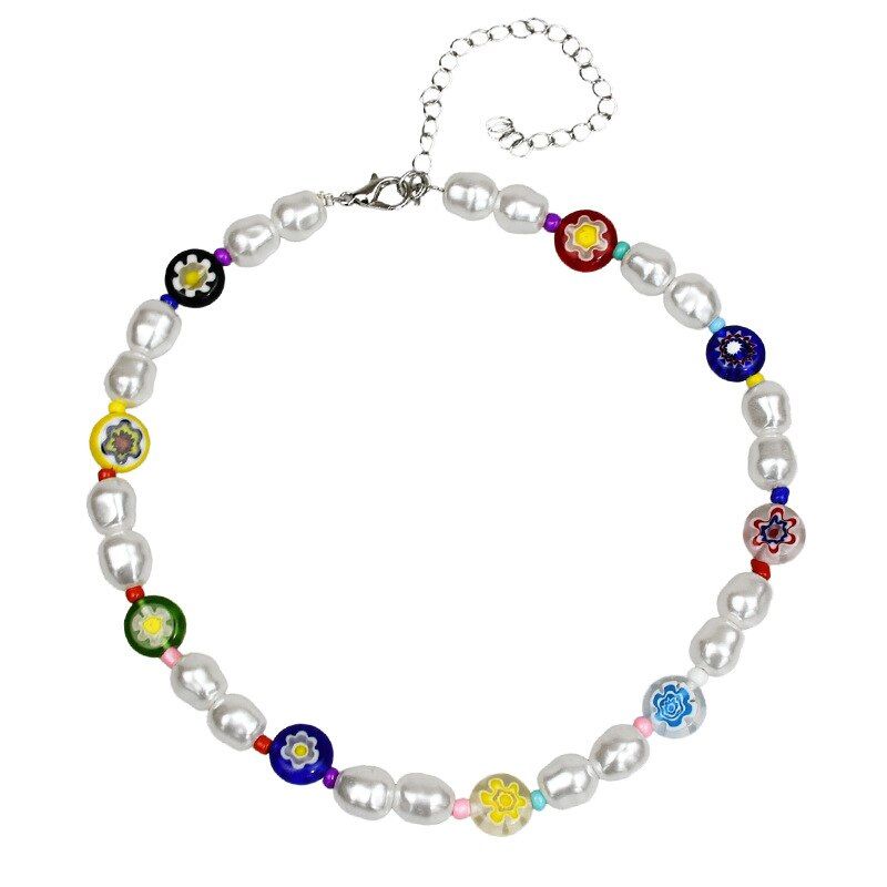 HUANZHI 2020 New Korea Sweet Metal Chain Transparent  Colorful Beaded Irregular Flowers Pearl Necklace for Women Party Jewelry