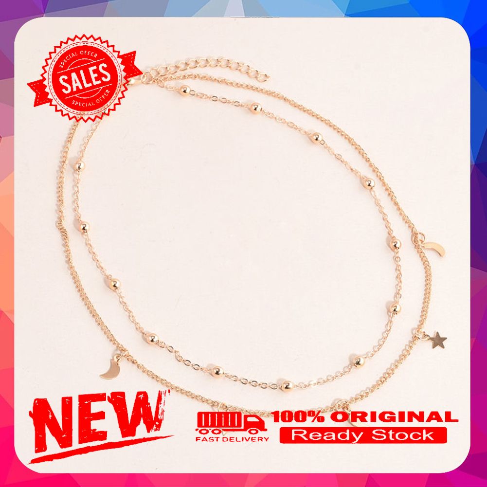 Fashion Women Charm Jewelry Multi-Layer Moon Stars Pendant Chain Choker Necklace