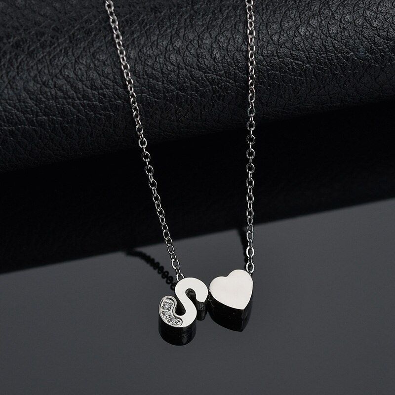 UZone Cubic Zirconia Tiny Heart Initial Letter Necklace For Women Stainless Steel Capital Name Chain Necklace Lover Gift